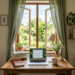 A laptop on a cozy wooden desk near a window looking out onto gardens