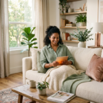 A woman reviewing investment charts calmly at a bright desk