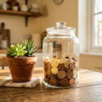 A glass jar with gold coins inside resting on a table alongside a tiny potted plant